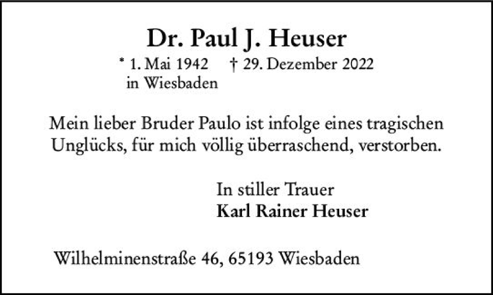  Traueranzeige für Paul J. Heuser vom 18.02.2023 aus Wiesbadener Kurier