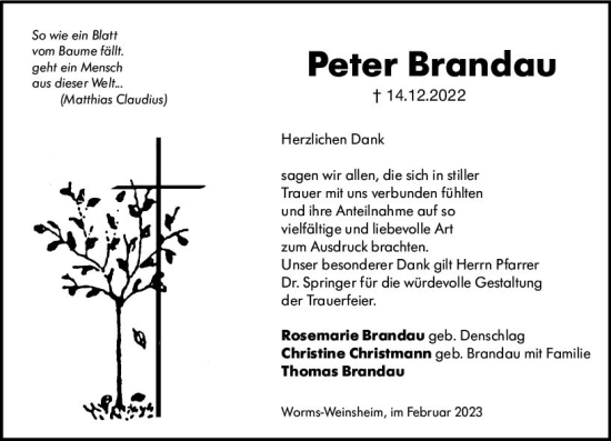 Traueranzeige von Peter Brandau von Wormser Zeitung