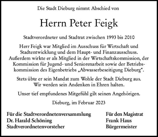 Traueranzeige von Peter Feigk von DieburgerAnzeiger/Groß-Zimmerner Lokalanzeiger