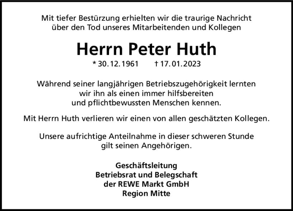  Traueranzeige für Peter Huth vom 04.02.2023 aus Rüsselsheimer Echo