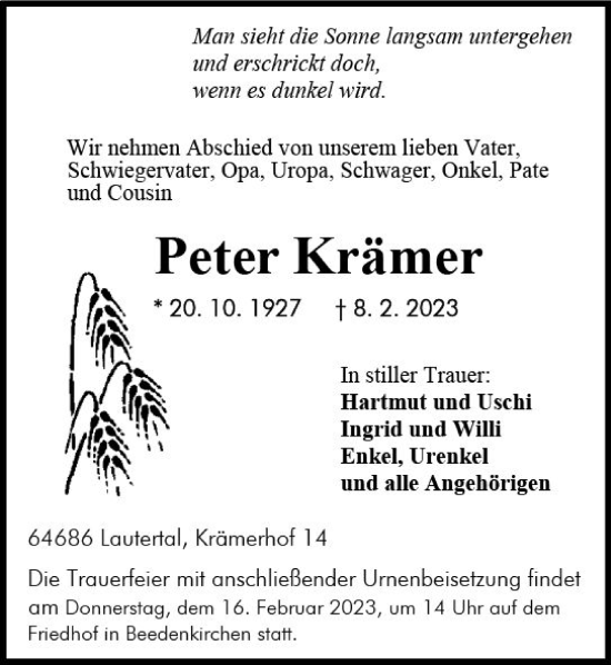 Traueranzeige von Peter Krämer von Darmstädter Echo