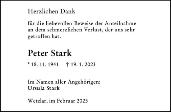 Traueranzeige von Peter Stark von Wetzlarer Neue Zeitung