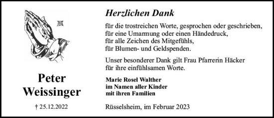 Traueranzeige von Peter Weissinger von Rüsselsheimer Echo