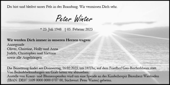 Traueranzeige von Peter Winter von Allgemeine Zeitung Mainz