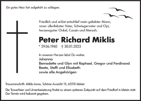 Traueranzeige von Peter Richard Miklis von Idsteiner Land / Untertaunus Kurier