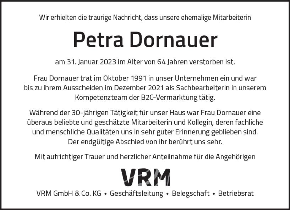  Traueranzeige für Petra Dornauer vom 11.02.2023 aus Wiesbadener Kurier gesamt