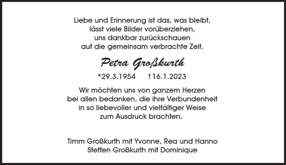  Traueranzeige für Petra Großkurth vom 11.02.2023 aus Wiesbadener Kurier gesamt