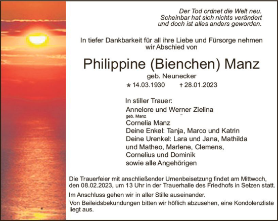 Traueranzeige von Philippine Manz von Allgemeine Zeitung Mainz