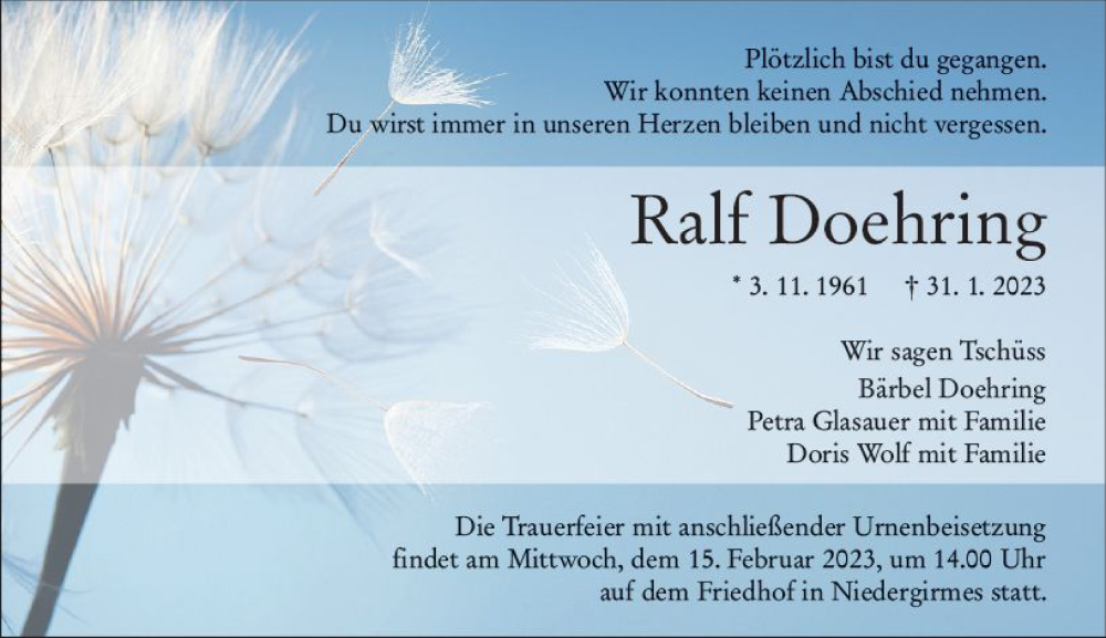  Traueranzeige für Ralf Doehring vom 11.02.2023 aus Wetzlarer Neue Zeitung