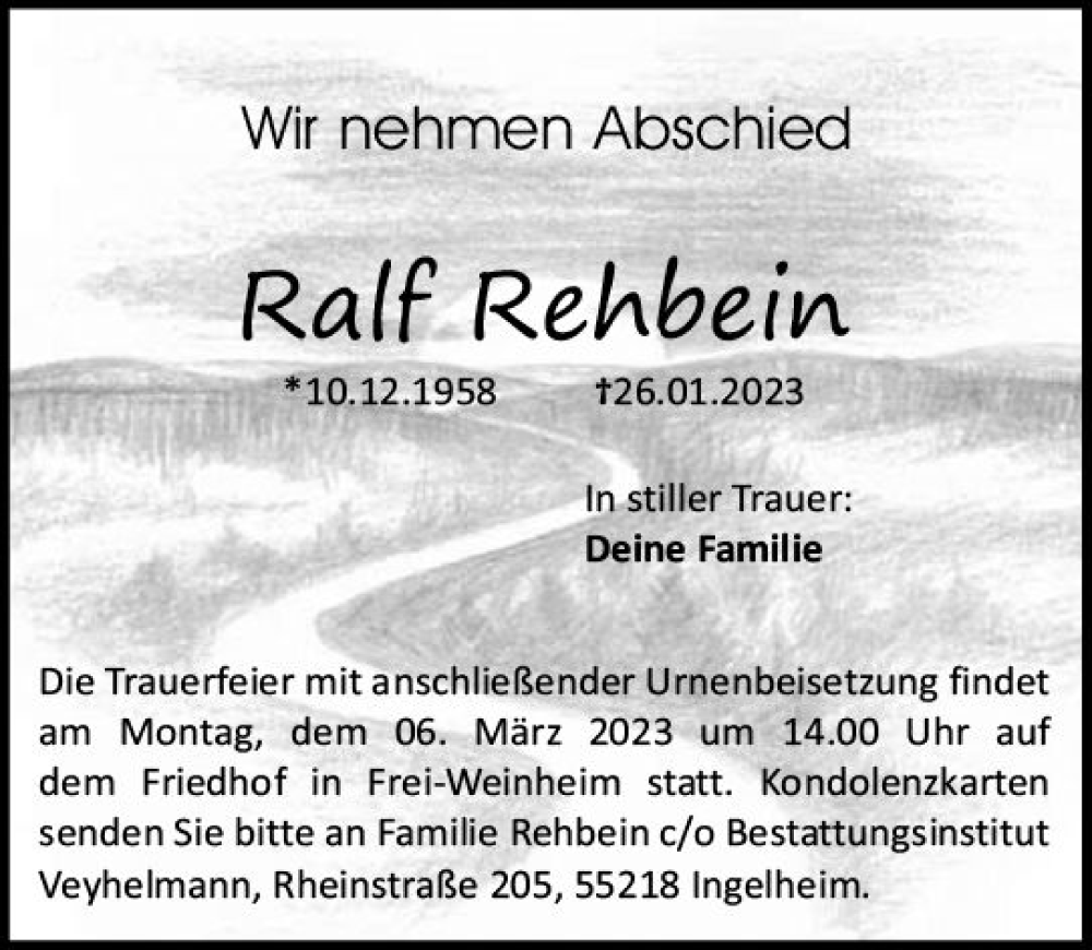  Traueranzeige für Ralf Rehbein vom 18.02.2023 aus Allgemeine Zeitung Bingen/Ingelheim