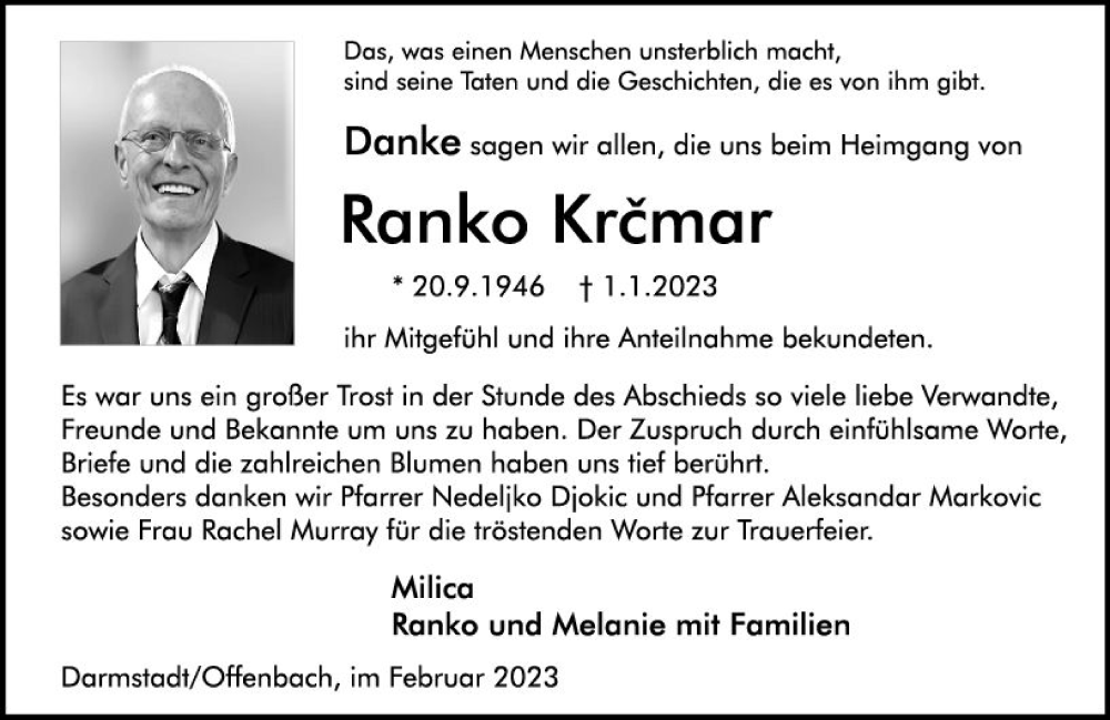  Traueranzeige für Ranko Krcmar vom 04.02.2023 aus Darmstädter Echo