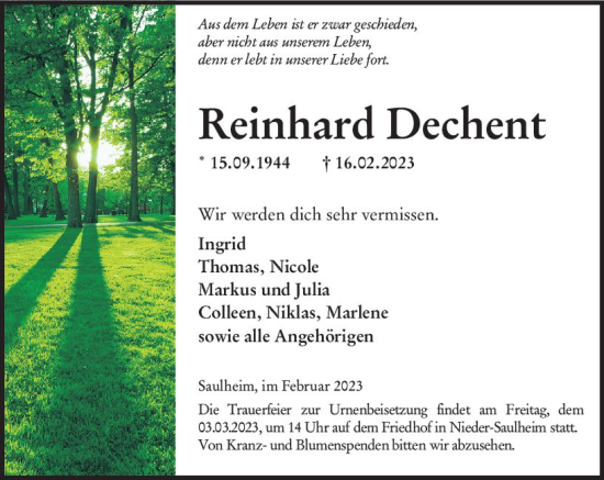 Traueranzeige von Reinhard Dechent von Allgemeine Zeitung Mainz