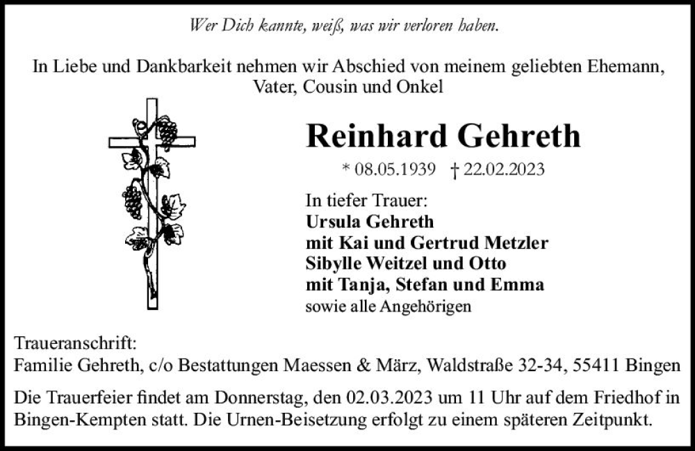  Traueranzeige für Reinhard Gehreth vom 28.02.2023 aus Allgemeine Zeitung Bingen/Ingelheim