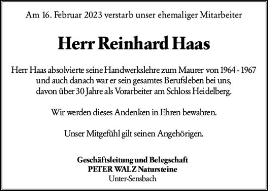 Traueranzeige von Reinhard Haas von Odenwälder Echo