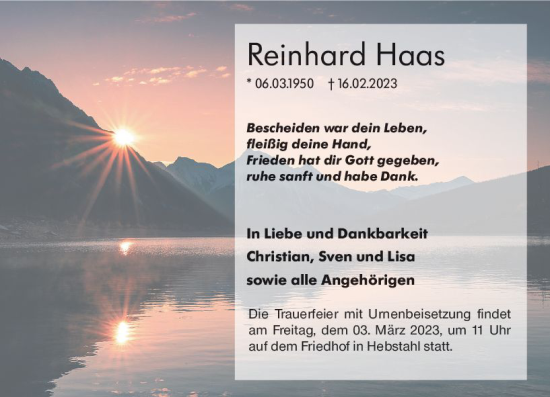 Traueranzeige von Reinhard Haas von Odenwälder Echo