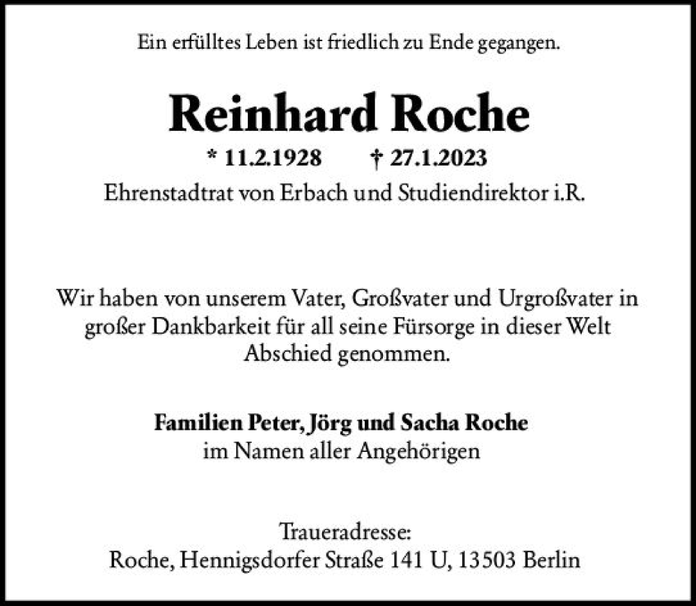  Traueranzeige für Reinhard Roche vom 18.02.2023 aus Odenwälder Echo