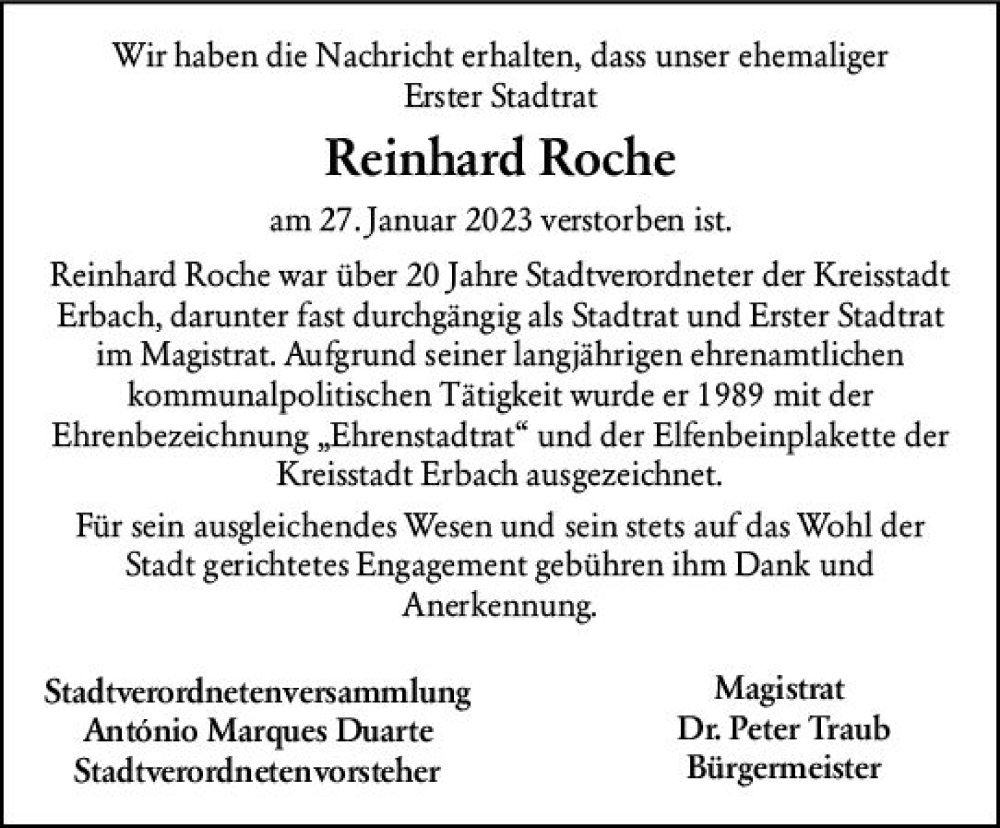  Traueranzeige für Reinhard Roche vom 18.02.2023 aus Odenwälder Echo