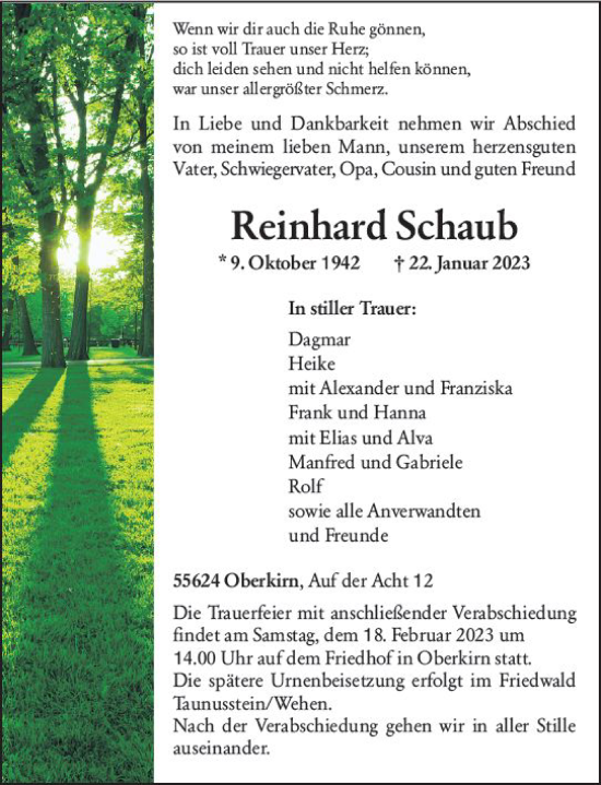 Traueranzeige von Reinhard Schaub von Wiesbadener Kurier gesamt