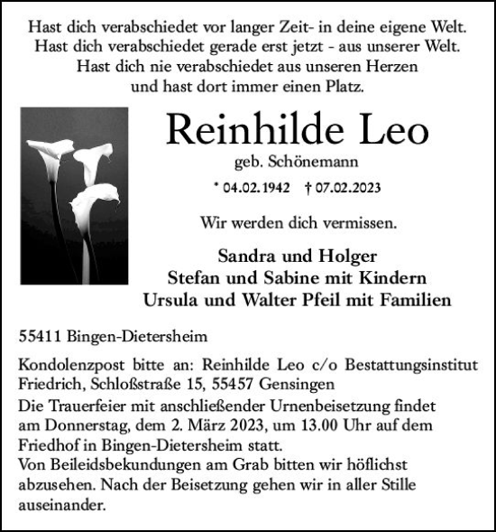 Traueranzeige von Reinhilde Leo von Bingen/Ingelheim WOBL inkl. Neue Binger Ztg.