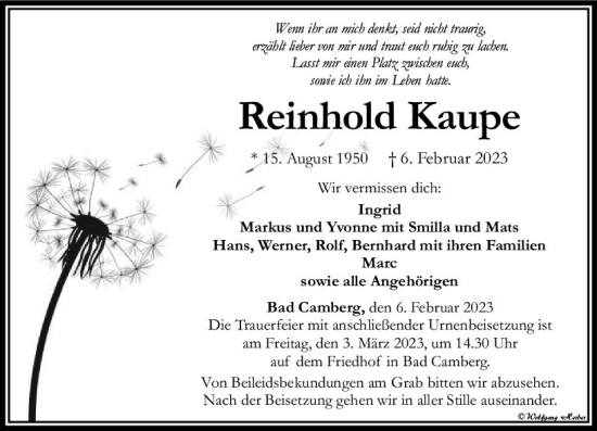 Traueranzeige von Reinhold Kaupe von Camberger Anzeiger