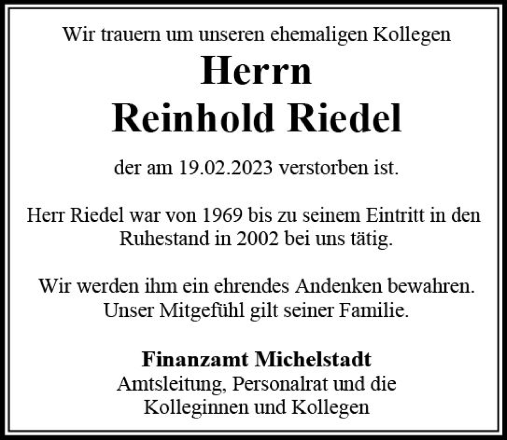  Traueranzeige für Reinhold Riedel vom 24.02.2023 aus Odenwälder Echo