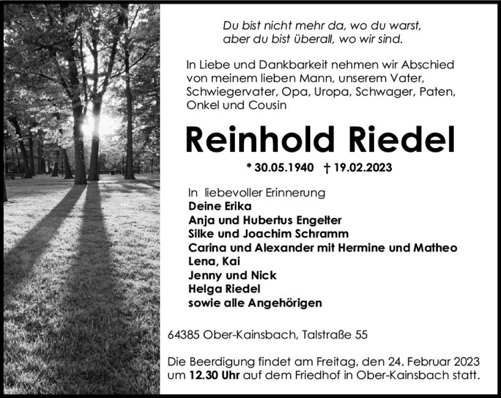  Traueranzeige für Reinhold Riedel vom 22.02.2023 aus Odenwälder Echo