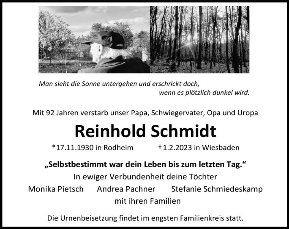  Traueranzeige für Reinhold Schmidt vom 11.02.2023 aus Wiesbadener Kurier gesamt