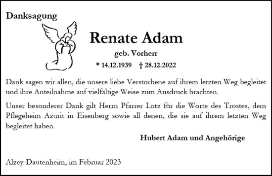Traueranzeige von Renate Adam von Allgemeine Zeitung Alzey