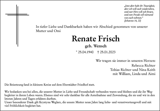 Traueranzeige von Renate Frisch von Darmstädter Echo