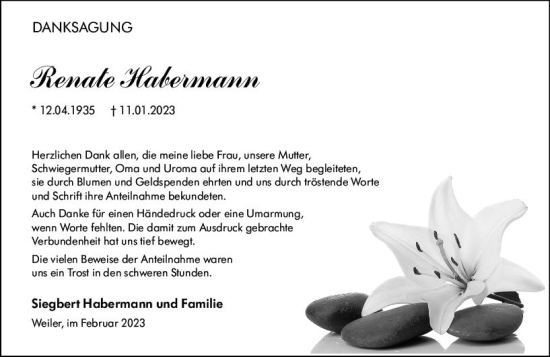 Traueranzeige von Renate Habermann von Allgemeine Zeitung Bingen/Ingelheim