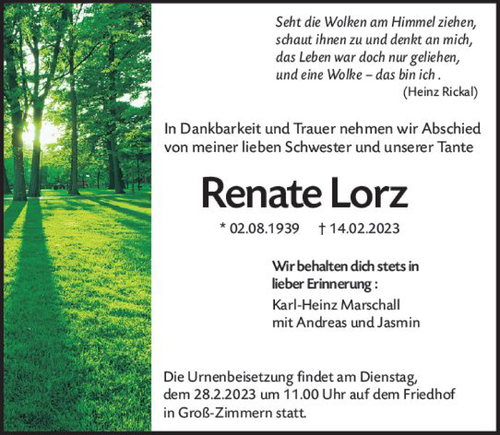  Traueranzeige für Renate Lorz vom 25.02.2023 aus Dieburger Anzeiger/Groß-Zimmerner Lokal-Anzeiger