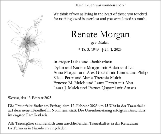 Traueranzeige von Renate Morgan von Wetzlarer Neue Zeitung