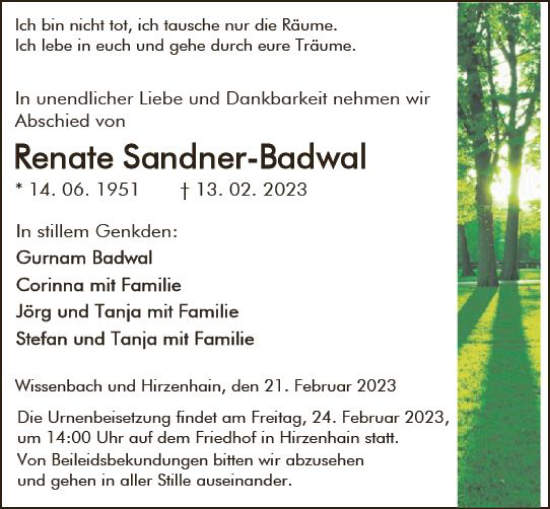 Traueranzeige von Renate Sandner-Badwal von Dill Block