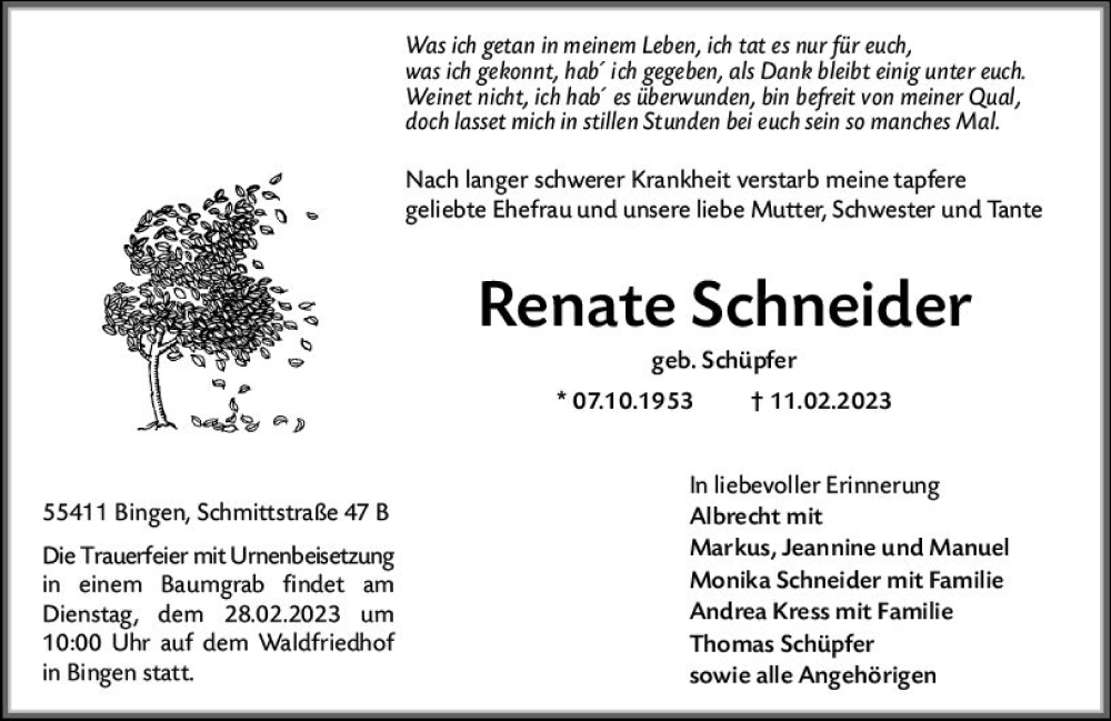  Traueranzeige für Renate Schneider vom 25.02.2023 aus Bingen/Ingelheim WOBL inkl. Neue Binger Ztg.