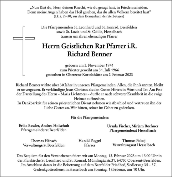Traueranzeige von Richard Benner von Odenwälder Echo