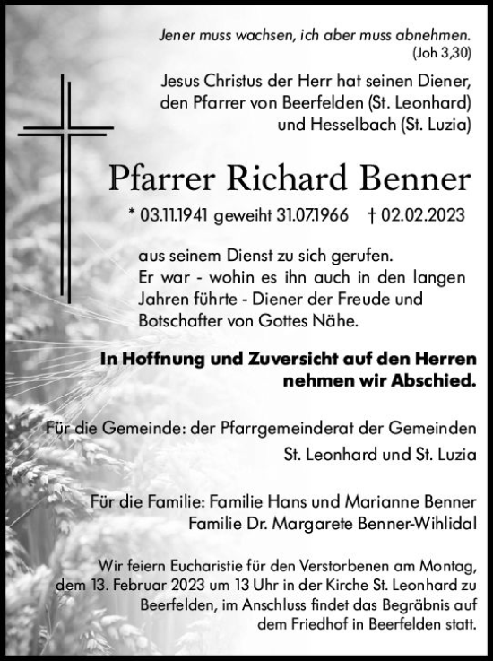 Traueranzeige von Richard Benner von Odenwälder Echo