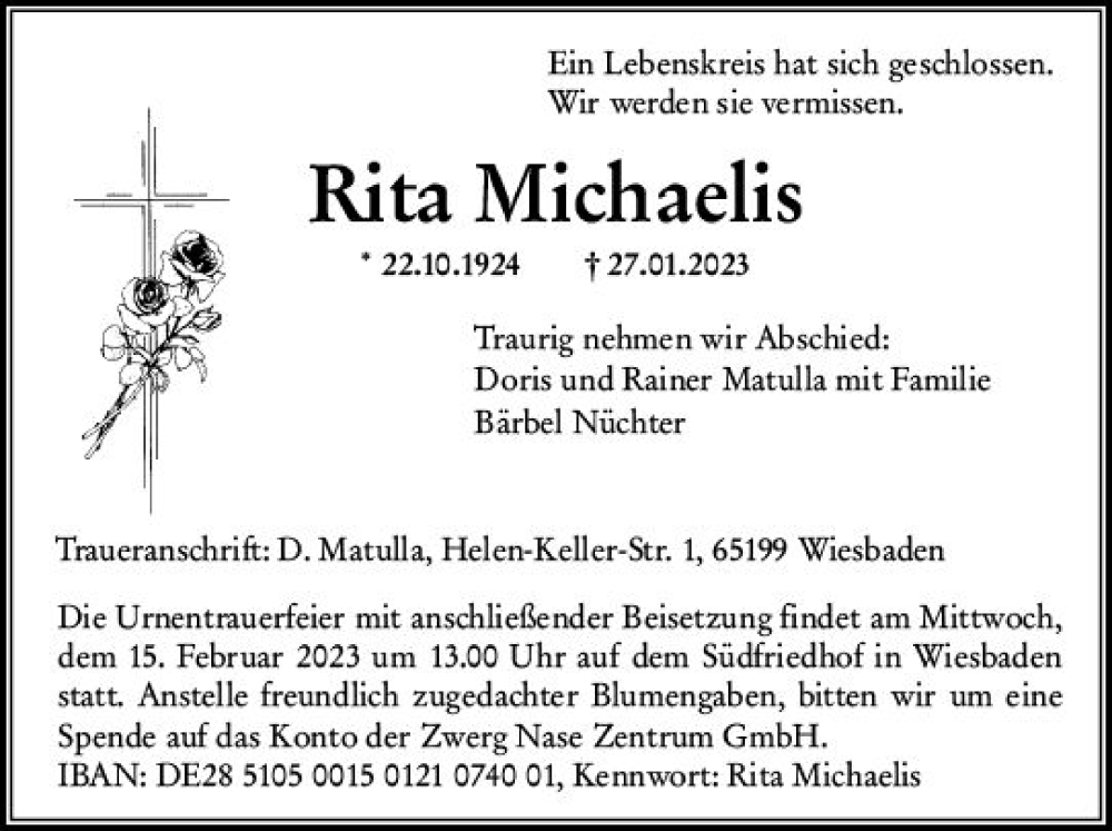  Traueranzeige für Rita Michaelis vom 04.02.2023 aus Wiesbadener Kurier gesamt