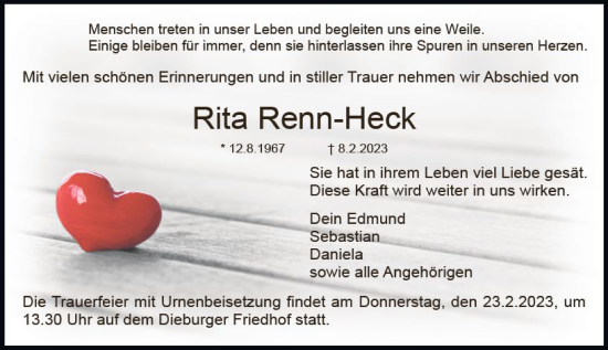 Traueranzeige von Rita Renn-Heck von Dieburger Anzeiger/Groß-Zimmerner Lokal-Anzeiger