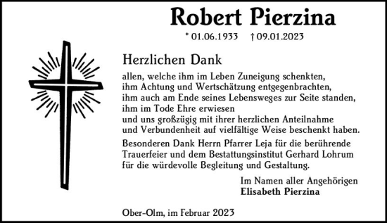 Traueranzeige von Robert Pierzina von Wormser Zeitung