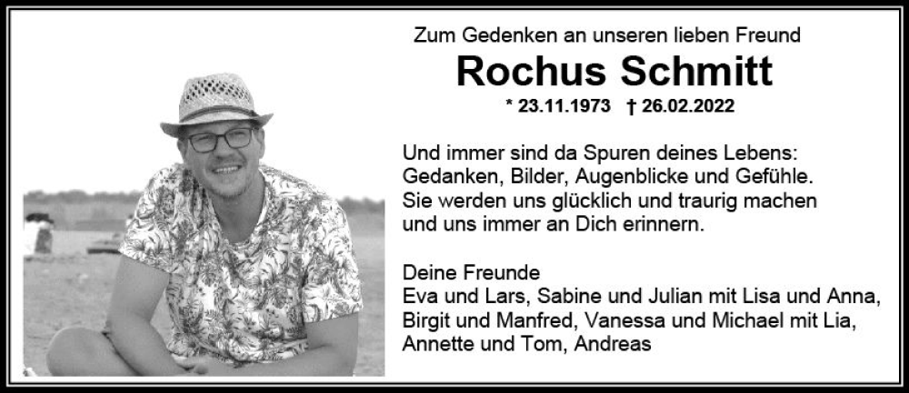 Traueranzeige für Rochus Schmitt vom 25.02.2023 aus Allgemeine Zeitung Bad Kreuznach