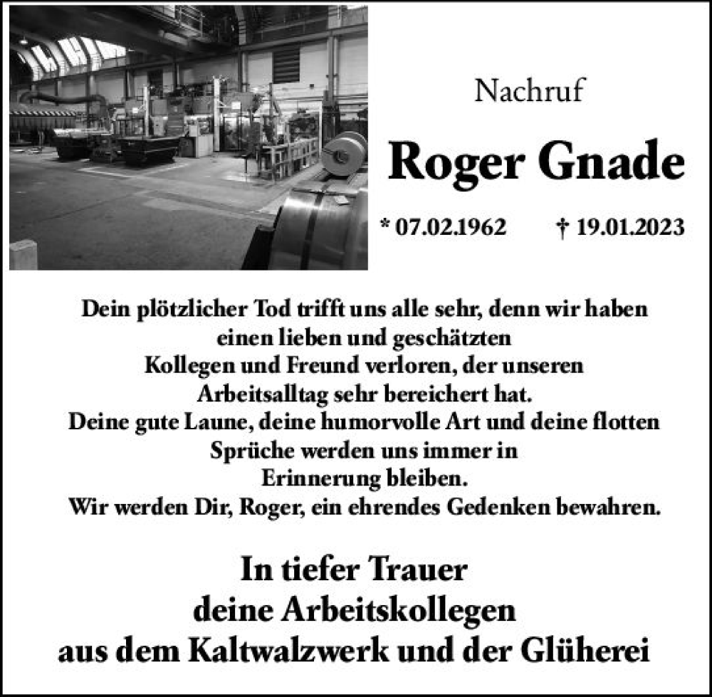  Traueranzeige für Roger Gnade vom 11.02.2023 aus Wetzlarer Neue Zeitung