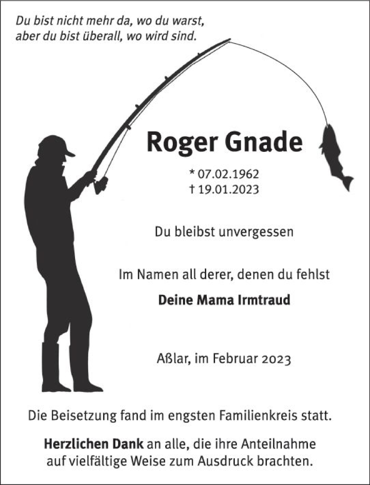  Traueranzeige für Roger Gnade vom 08.02.2023 aus Wetzlarer Neue Zeitung