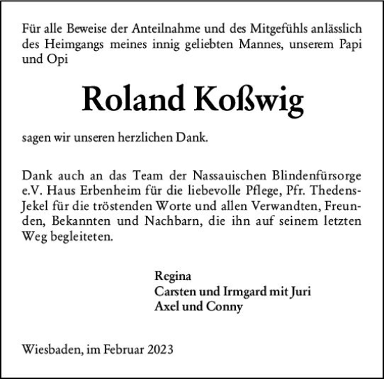 Traueranzeige von Roland Koßwig von Wiesbadener Kurier
