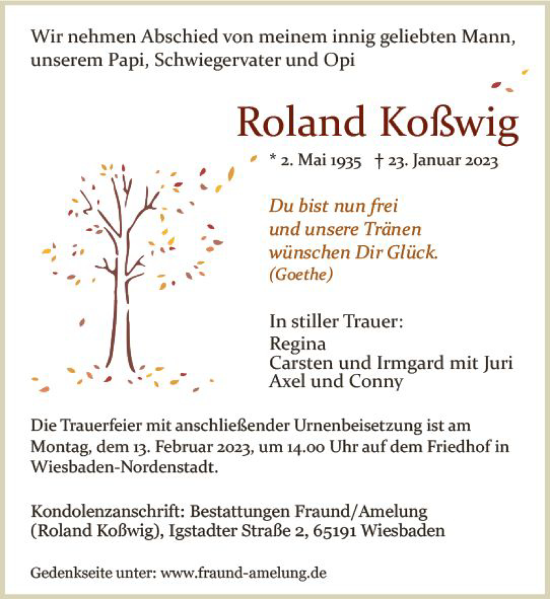 Traueranzeige von Roland Koßwig von Wiesbadener Kurier gesamt