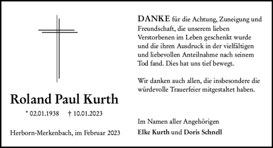 Traueranzeige von Roland Paul Kurth von Dill Block