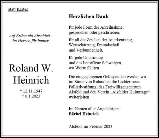 Traueranzeige von Roland Walter Heinrich von OK Oberhessen Kurier
