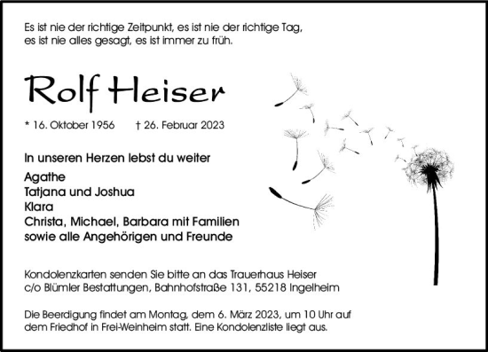 Traueranzeige von Rolf Heiser von Allgemeine Zeitung Bingen/Ingelheim