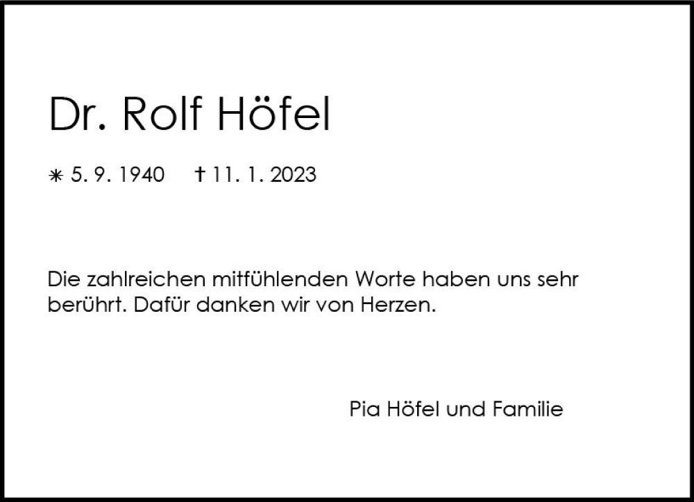  Traueranzeige für Rolf Höfel vom 11.02.2023 aus Allgemeine Zeitung Mainz