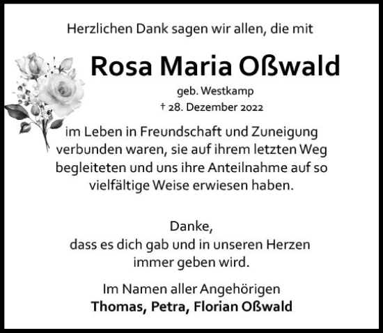 Traueranzeige von Rosa Maria Oßwald von Allgemeine Zeitung Mainz