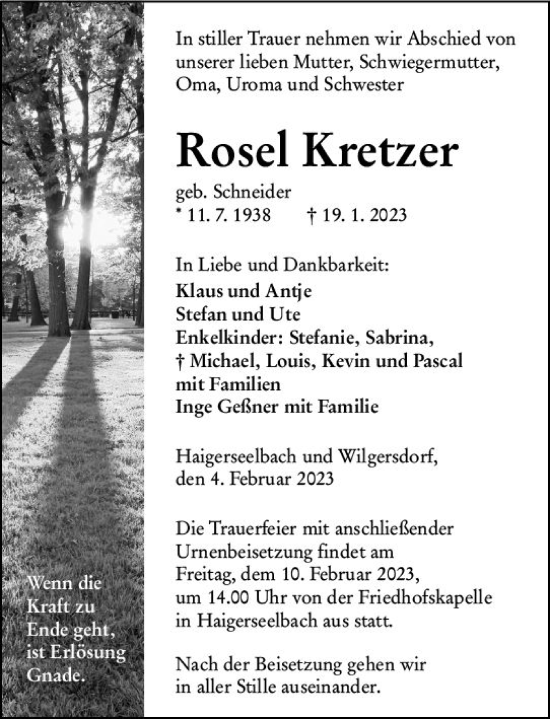 Traueranzeige von Rosel Kretzer von Dill Block